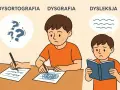 Chłopiec zmagający się z dysleksją, dysgrafią i dysortografią. Jego trudności w nauce są widoczne na papierze i w jego wyrazie twarzy.