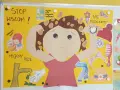 Plakat edukacyjny o wszach. Dziecko z wszykami na głowie, obok instrukcje: "Stop wszom!", "Sprawdzamy włosy", "Myjemy ręce", "Nie pożyczamy".