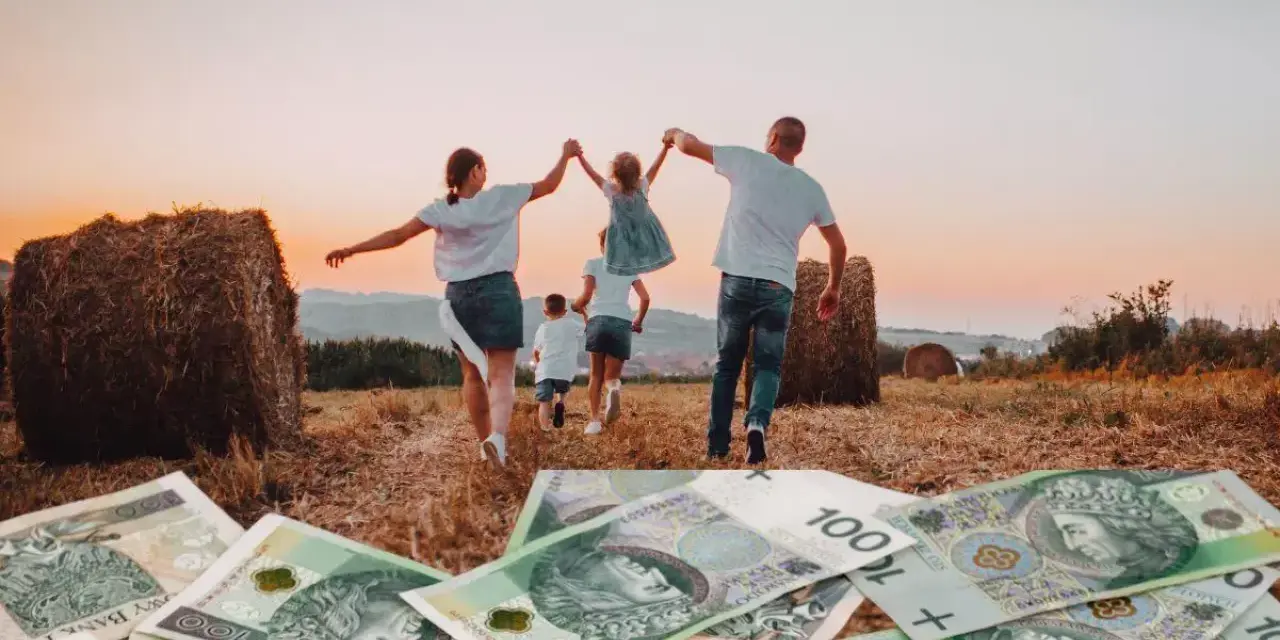 Rodzina biegnie przez pole ku zachodzącemu słońcu, a pod stopami leżą banknoty 100 zł. Wniosek 800 plus do kiedy?