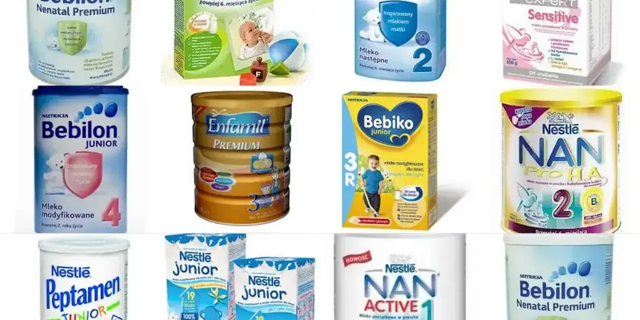 Różne rodzaje mleka modyfikowanego dla niemowląt i dzieci: Bebilon, Bebiko, Enfamil, NAN, Peptamen.