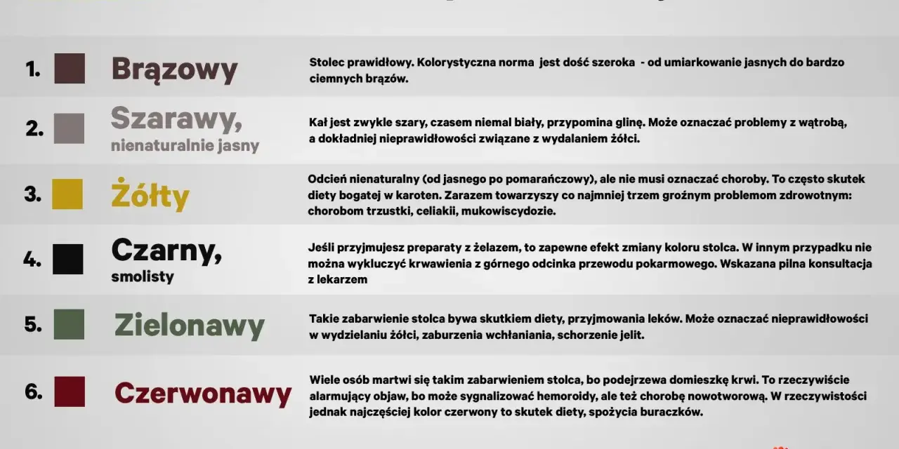 Grafika przedstawia kolory stolca: brązowy, szarawy, żółty, czarny, zielonawy i czerwony.