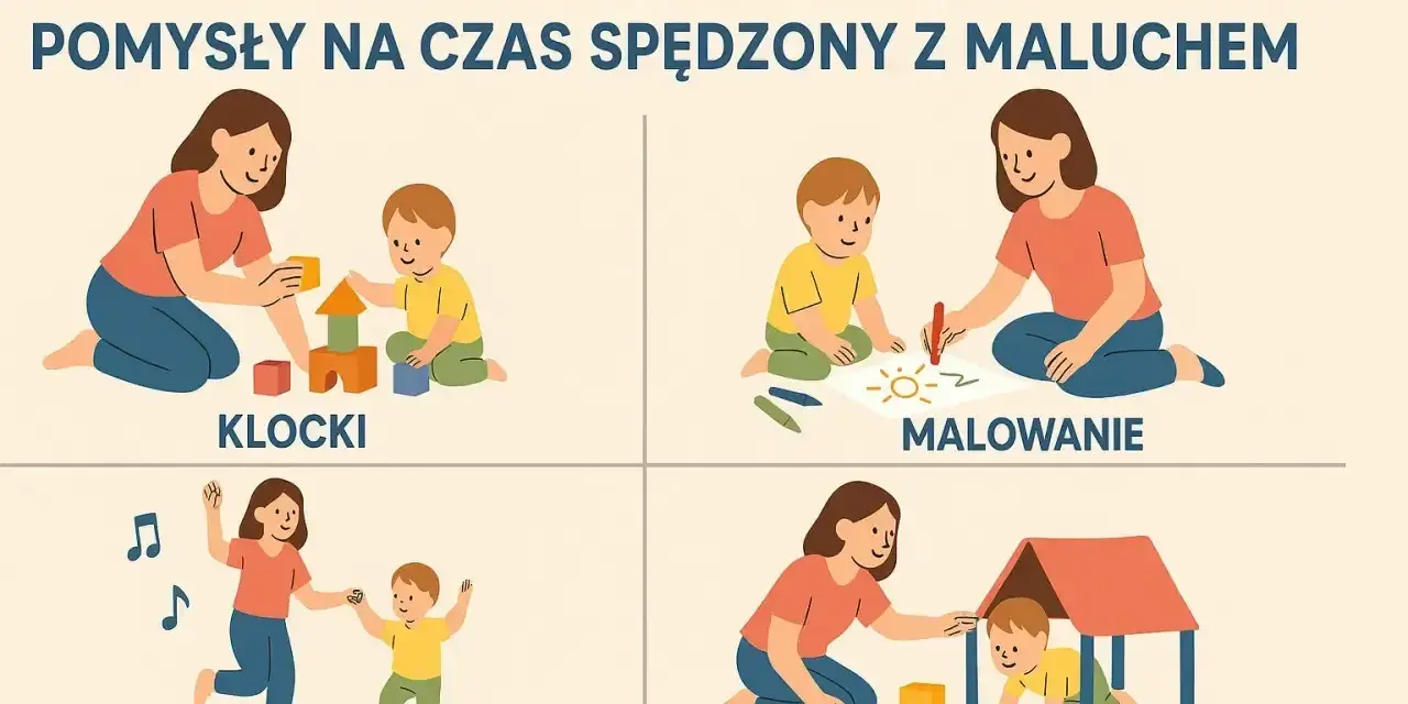 Mama i 2-letnie dziecko budują wieżę z klocków, malują słońce, tańczą i pokonują tor przeszkód.