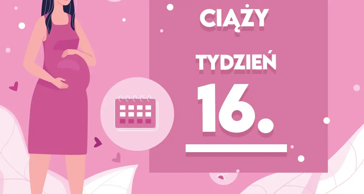 Ilustracja kobiety w ciąży z kalendarzem i napisem "Tydzień 16".