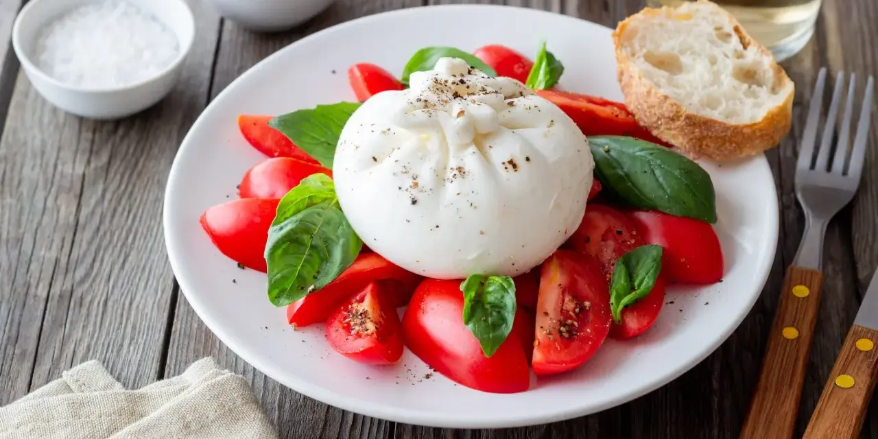 Burrata z pomidorami i bazylią na talerzu, obok pieczywo i przyprawy.