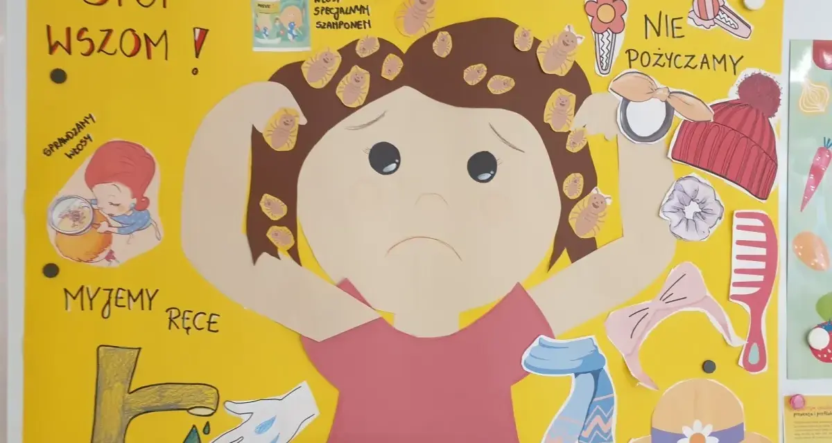 Plakat edukacyjny o wszach. Dziecko z wszykami na głowie, obok instrukcje: "Stop wszom!", "Sprawdzamy włosy", "Myjemy ręce", "Nie pożyczamy".