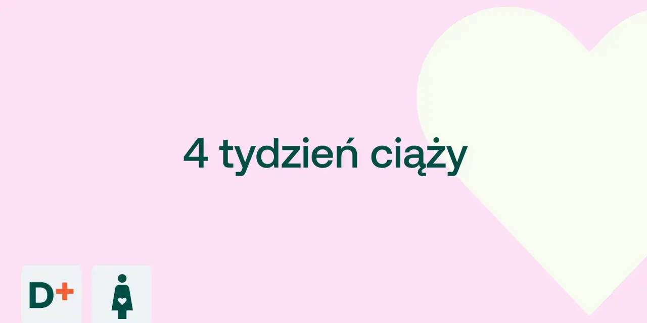 Grafika z napisem "4 tydzień ciąży" na różowym tle z sercem.
