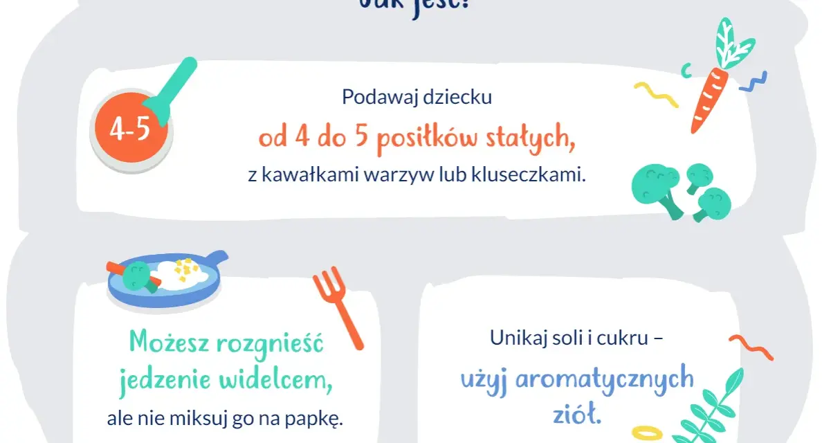 Podawaj 9 miesięcznemu dziecku 4-5 posiłków stałych z kawałkami warzyw. Rozgnieć jedzenie widelcem, unikaj soli i cukru.