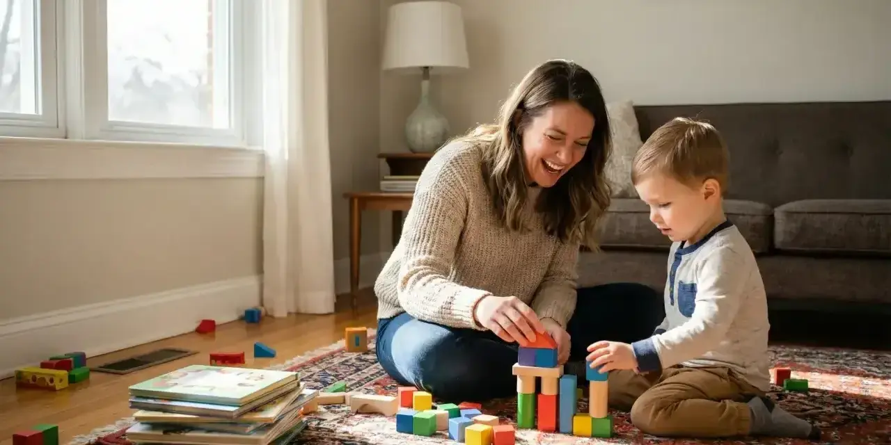Mama i jej 5 latek budują wieżę z klocków na dywanie. Radosna zabawa w domu.