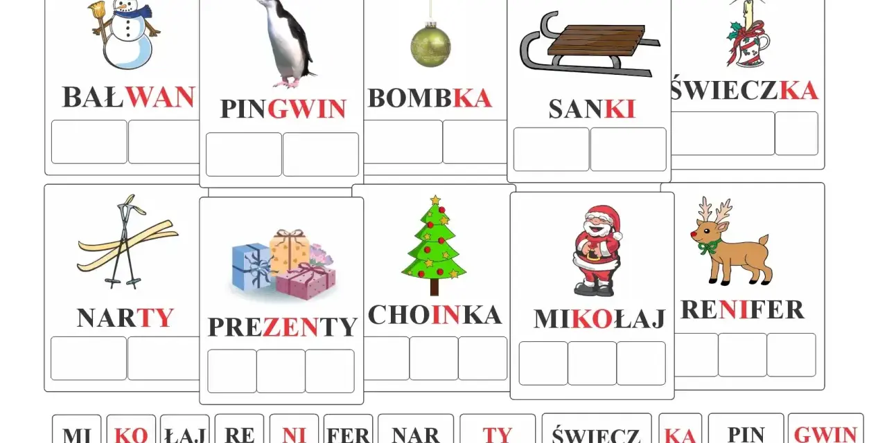 Ilustracje świąteczne: bałwan, pingwin, bombka, sanki, świeczka, narty, prezenty, choinka, Mikołaj, renifer.