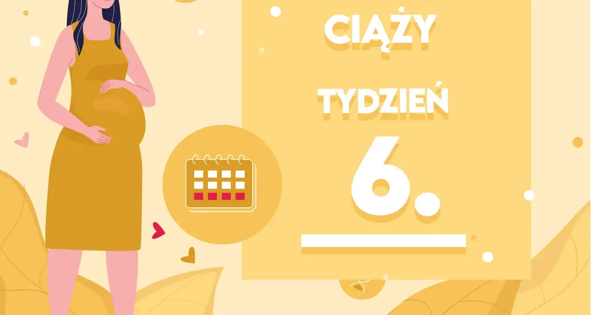 Kobieta w żółtej sukience, z widocznym brzuszkiem, symbolizuje 6 tydzień ciąży. Obok kalendarz i napisy "Kalendarz ciąży tydzień 6".