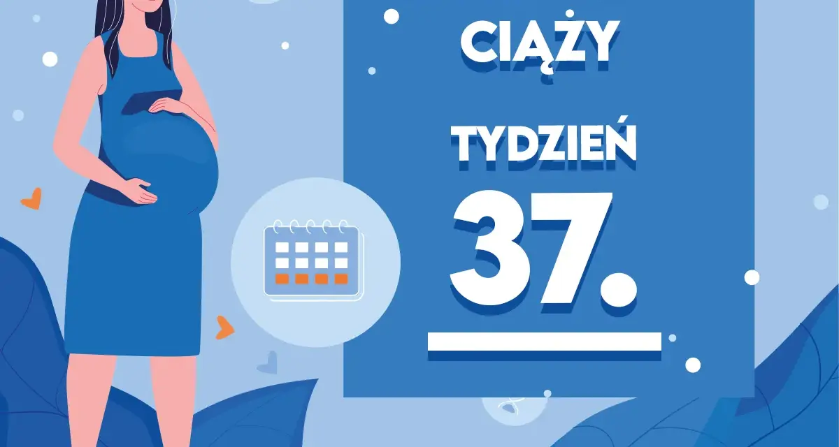Kobieta w 37. tygodniu ciąży, blisko momentu, kiedy ciąża jest donoszona. Kalendarz ciąży wskazuje ten etap.