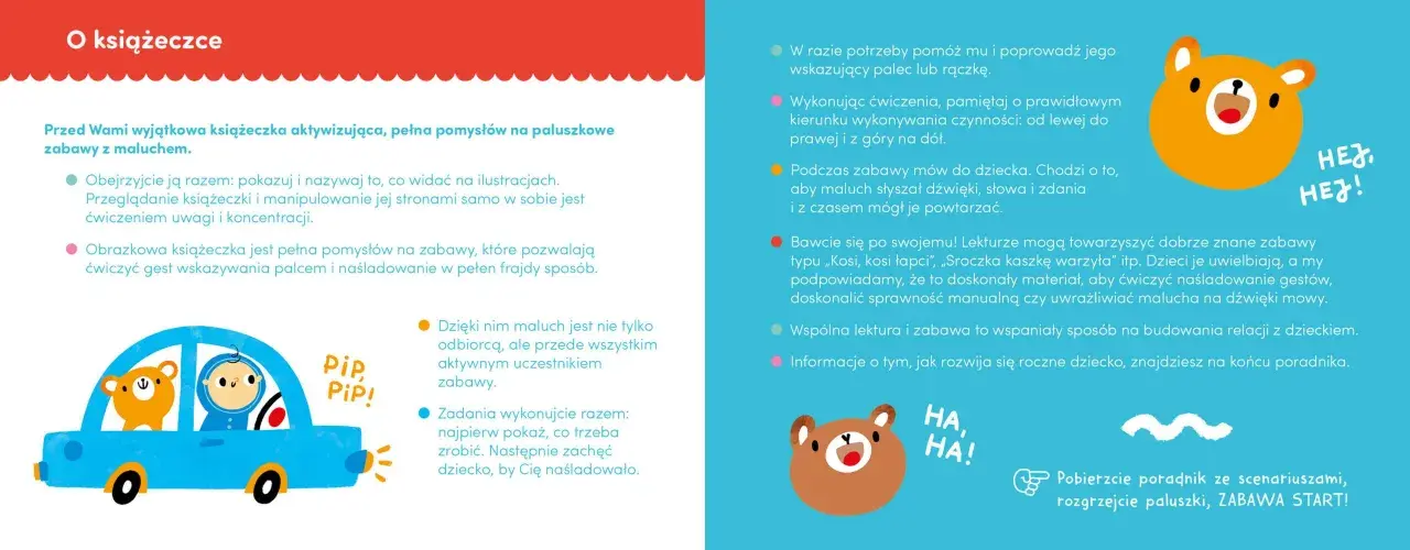 Niebieski samochód z misiem i dzieckiem w środku, ilustracja do zabawy paluszkowej.