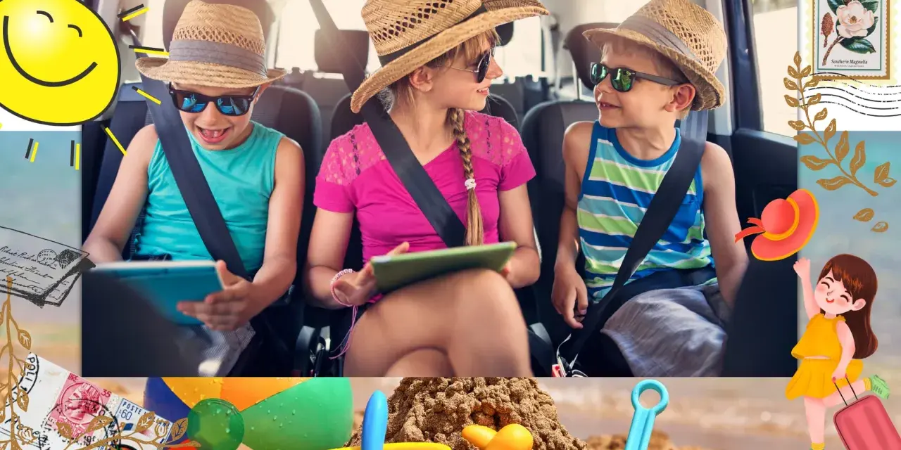 Dzieci w samochodzie, jedno z nich to iPad kid, podróżują na wakacje. Słońce, plaża i zabawki zapowiadają świetny czas.