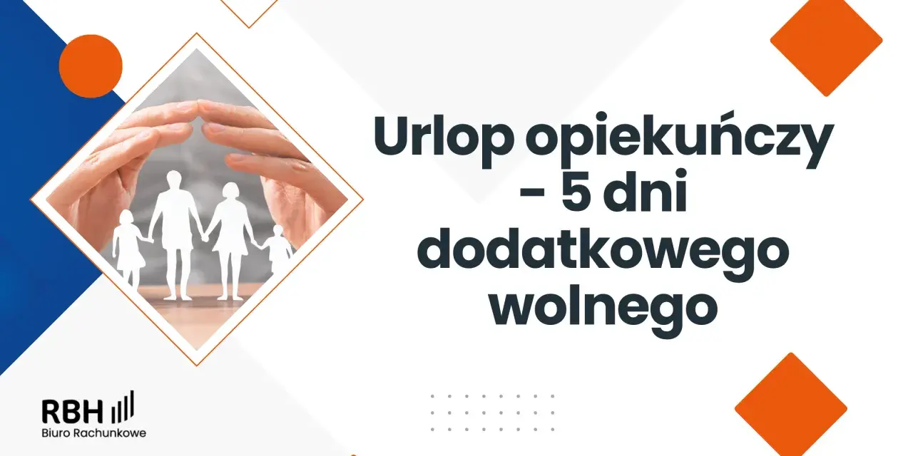 Ręce chroniące rodzinę z papieru. Tytuł: Urlop opiekuńczy – 5 dni dodatkowego wolnego. RBH Biuro Rachunkowe.