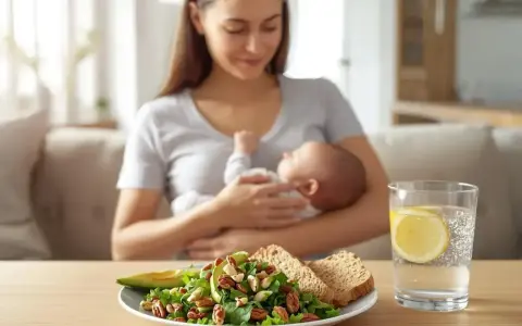Zdrowa mama karmiąca piersią, obok talerz z sałatką, pieczywem i wodą z cytryną. To inspiracja do stworzenia własnej tabeli: co można jeść karmiąc piersią.