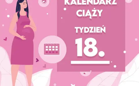Kobieta w 18 tygodniu ciąży, który to miesiąc, trzyma się za brzuch. Obok kalendarz i napis "Tydzień 18".