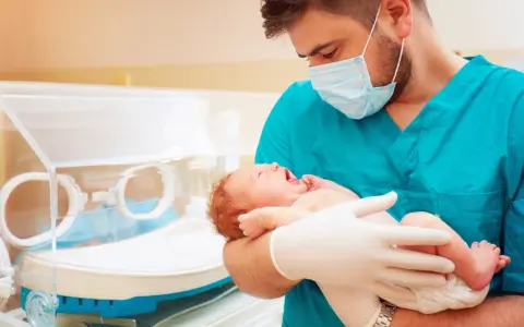 Lekarz w maseczce i rękawiczkach trzyma noworodka. To przykład troski w neonatologii, która zajmuje się opieką nad noworodkami.