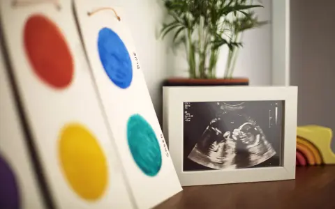 Obraz USG, na którym widać, kiedy zaczyna bić serce płodu, obok kolorowych kółek i tęczy.