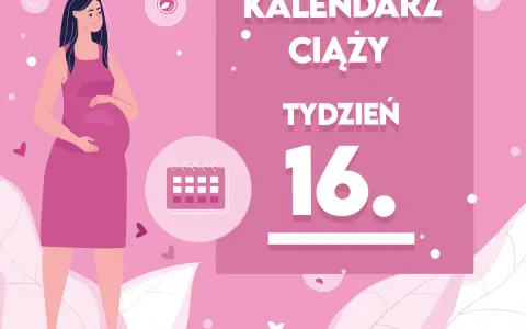 Ilustracja kobiety w ciąży z kalendarzem i napisem "Tydzień 16".