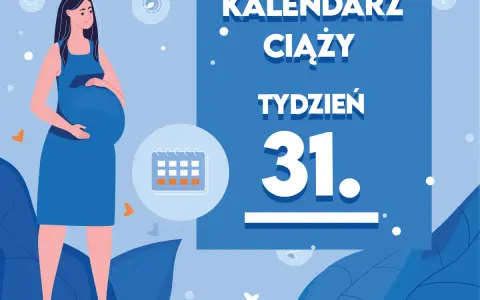 Ilustracja kobiety w ciąży z kalendarzem oznaczającym 31 tydzień.