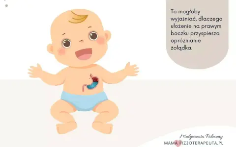 Uśmiechnięte niemowlę z widocznym żołądkiem, ilustracja wyjaśniająca problem refluksu u niemowląt i pozycję ułatwiającą trawienie.