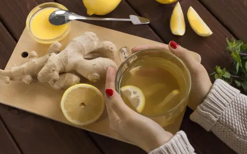 Kobieta pije herbatę z imbirem i cytryną, która pomaga w dolegliwościach w ciąży.