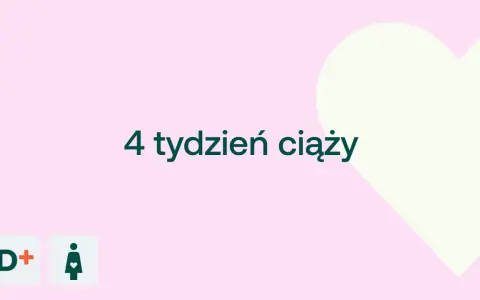 Grafika z napisem "4 tydzień ciąży" na różowym tle z sercem.