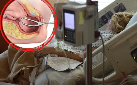 Ilustracja anatomiczna porodu kleszczowego obok kobiety w łóżku szpitalnym.