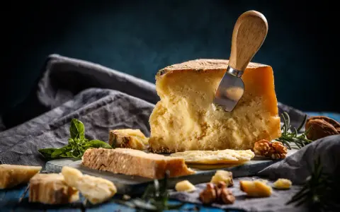 Kawałek parmezanu z nożem, na desce z ziołami i orzechami.
