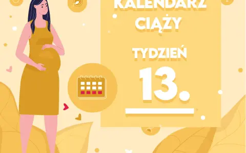 Kobieta w żółtej sukience, w 13 tygodniu ciąży, trzyma dłoń na brzuchu. Obok kalendarz i napis "KALENDARZ CIĄŻY TYDZIEŃ 13".