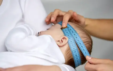 Dłoń mierzy obwód głowy noworodka niebieską miarką.