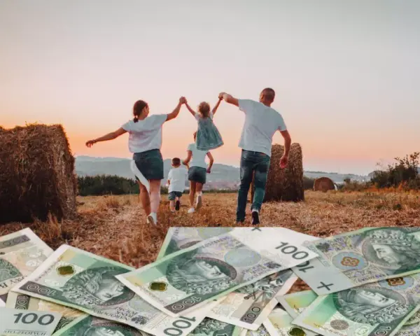 Rodzina biegnie przez pole ku zachodzącemu słońcu, a pod stopami leżą banknoty 100 zł. Wniosek 800 plus do kiedy?