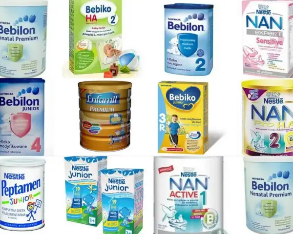 Różne rodzaje mleka modyfikowanego dla niemowląt i dzieci: Bebilon, Bebiko, Enfamil, NAN, Peptamen.