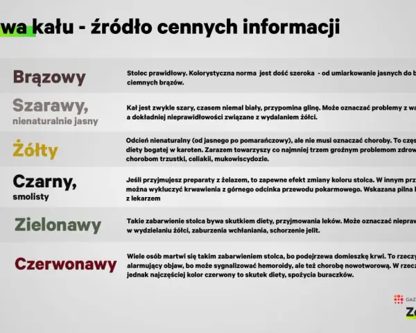 Grafika przedstawia kolory stolca: brązowy, szarawy, żółty, czarny, zielonawy i czerwony.