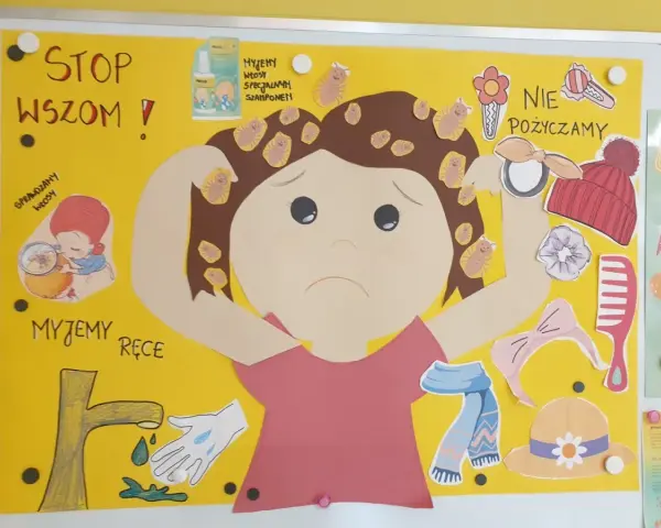 Plakat edukacyjny o wszach. Dziecko z wszykami na głowie, obok instrukcje: "Stop wszom!", "Sprawdzamy włosy", "Myjemy ręce", "Nie pożyczamy".