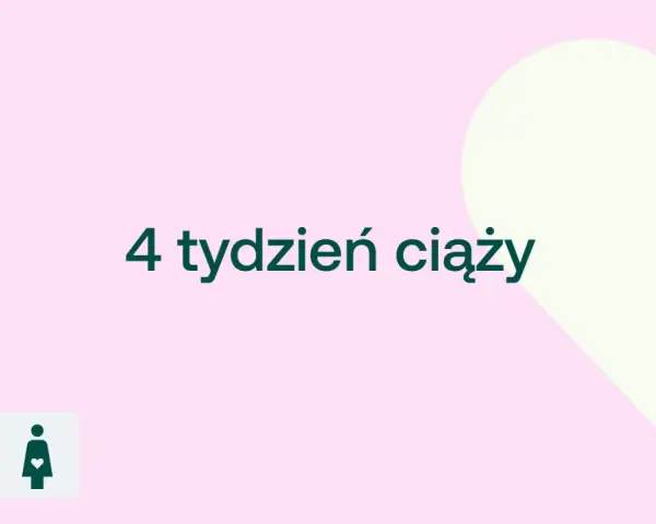 Grafika z napisem "4 tydzień ciąży" na różowym tle z sercem.