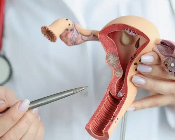 Model anatomiczny narządów rodnych kobiety, prezentowany przez lekarza z długopisem.