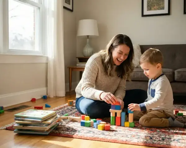 Mama i jej 5 latek budują wieżę z klocków na dywanie. Radosna zabawa w domu.