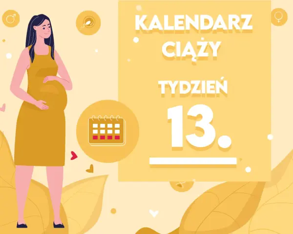 Kobieta w żółtej sukience, w 13 tygodniu ciąży, trzyma dłoń na brzuchu. Obok kalendarz i napis "KALENDARZ CIĄŻY TYDZIEŃ 13".