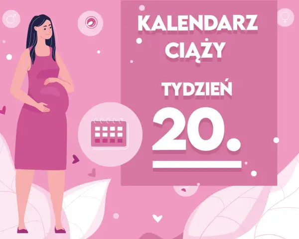 Ilustracja kobiety w ciąży z napisem "20. tydzień ciąży" i ikoną kalendarza.