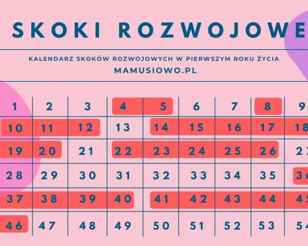 Kalendarz skoków rozwojowych w pierwszym roku życia dziecka. Zaznaczone dni to okresy intensywnego 5 skok rozwojowy.