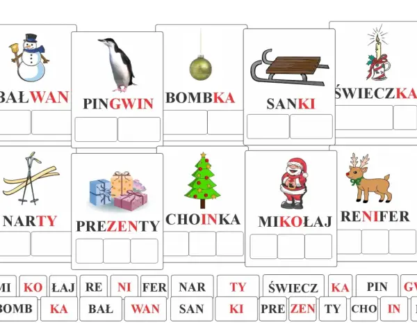 Ilustracje świąteczne: bałwan, pingwin, bombka, sanki, świeczka, narty, prezenty, choinka, Mikołaj, renifer.