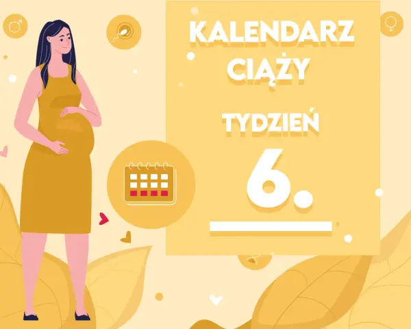 Kobieta w żółtej sukience, z widocznym brzuszkiem, symbolizuje 6 tydzień ciąży. Obok kalendarz i napisy "Kalendarz ciąży tydzień 6".