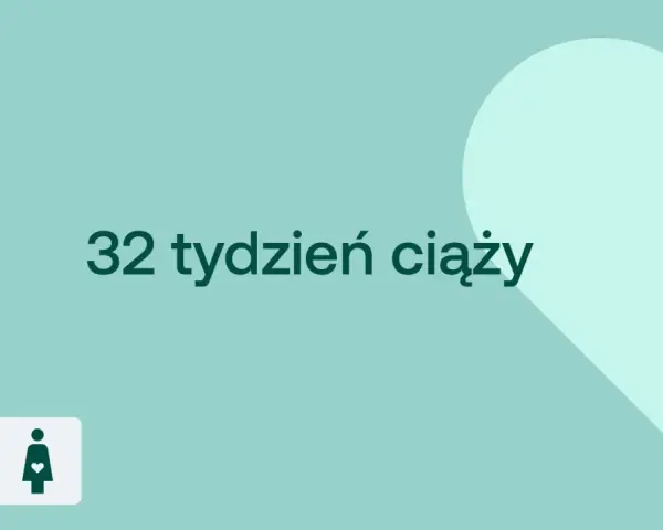 Grafika z napisem "32 tydzień ciąży" i ikonami D+ oraz kobiety w ciąży.
