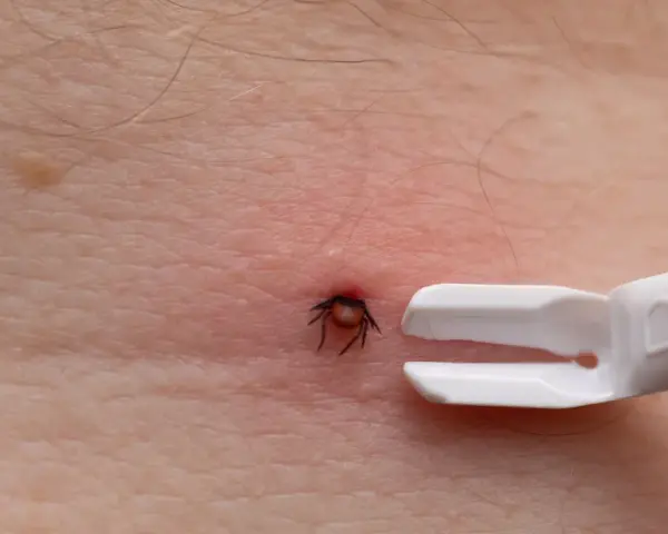 Zbliżenie na ludzką skórę z czerwonym zaczerwienieniem wokół wbitego kleszcza. Obok widoczny biały przyrząd do usuwania kleszczy.