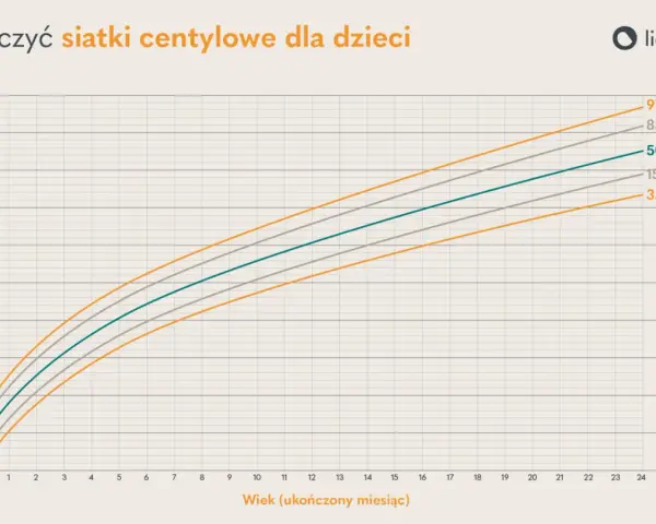 Wykres pokazuje siatki centylowe wzrostu dzieci w zależności od wieku. Linie reprezentują centyl 3., 15., 50. (mediana), 85. i 97.