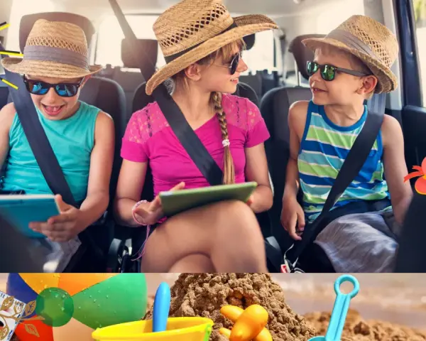 Dzieci w samochodzie, jedno z nich to iPad kid, podróżują na wakacje. Słońce, plaża i zabawki zapowiadają świetny czas.