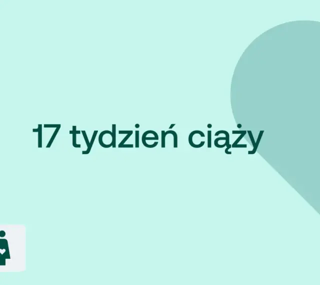 17 tydzień ciąży. Serce i ikony D+ oraz kobiety w ciąży na jasnym tle.