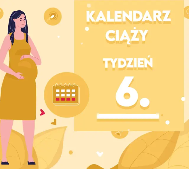 Kobieta w żółtej sukience, z widocznym brzuszkiem, symbolizuje 6 tydzień ciąży. Obok kalendarz i napisy "Kalendarz ciąży tydzień 6".