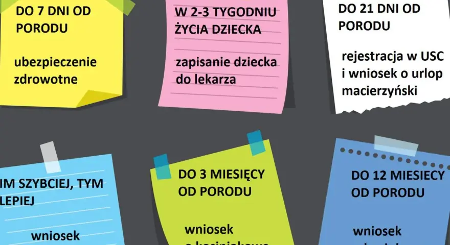 Terminy formalności po porodzie: ubezpieczenie zdrowotne (7 dni), rejestracja dziecka i wniosek o urlop macierzyński (21 dni), 500+, becikowe, kosiniakowe.